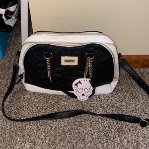 black, white, and pink betsey johnson purse!